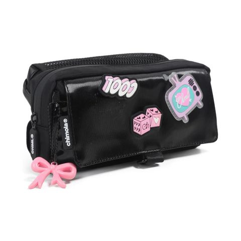 CARTUCHERA 3 CIERRES CON SOLAPA GLOWING NEGRO 21X11CM CHIMOLA 