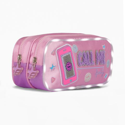 CARTUCHERA 2 CIERRES CALL ME CON LUZ LED 22X11X9CM X UNIDAD COLORES SURTIDOS FOOTY